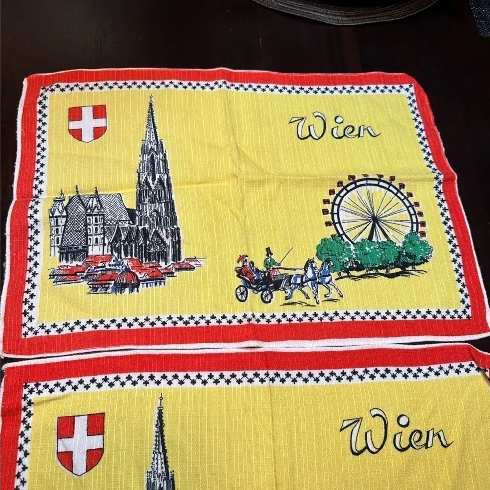 Vintage Austrian Linens Napkins Placemats Lot Mid Century Bright Color Landmarks